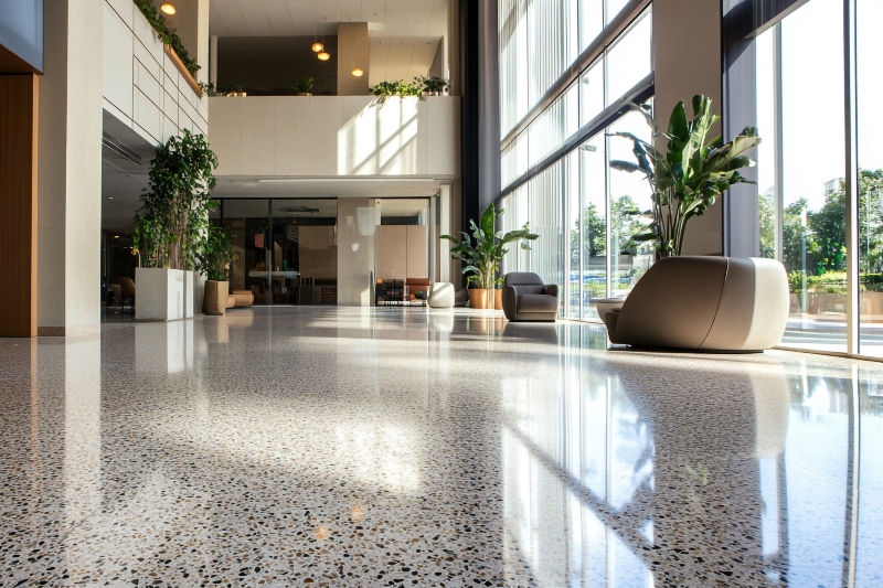 interior of a modern office building with glass walls and tiled floor